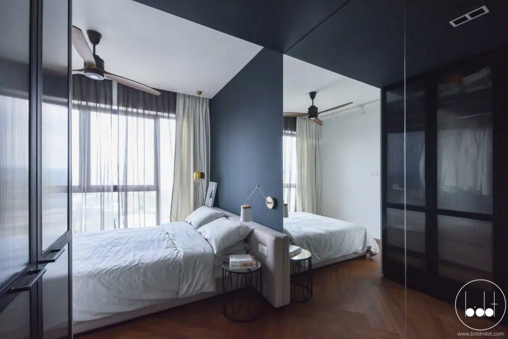 Blue-grey bedroom at Ascenda Residences, SkyArena Setapak by Bold N Dot. Source