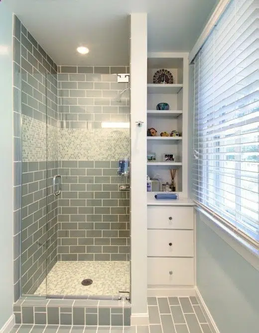 Mix of drawers and open shelving by the window