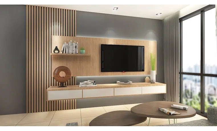 Suspended TV cabinet designs with timber feature wall. Order this TV console at Recommend.my