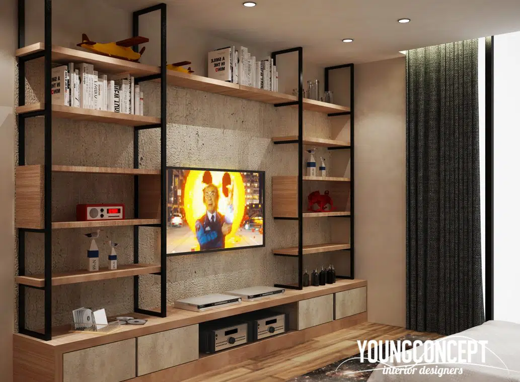 Industrial style TV cabinet designs with hanging rails by Young Concept