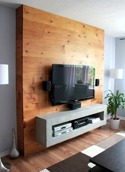 Concrete-toned TV cabinet designs with red oak feature wall