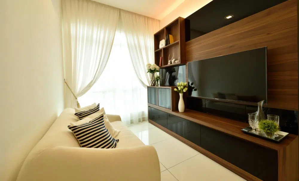 Black and walnut TV cabinet designs with feature wall in Serene Residence RT2, Rawang by Nice Style