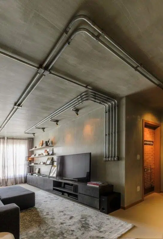 Brushed cement effect on feature wall and ceiling.