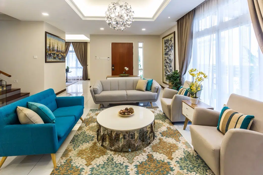 bungalow design with stylish living room in Setia Alam