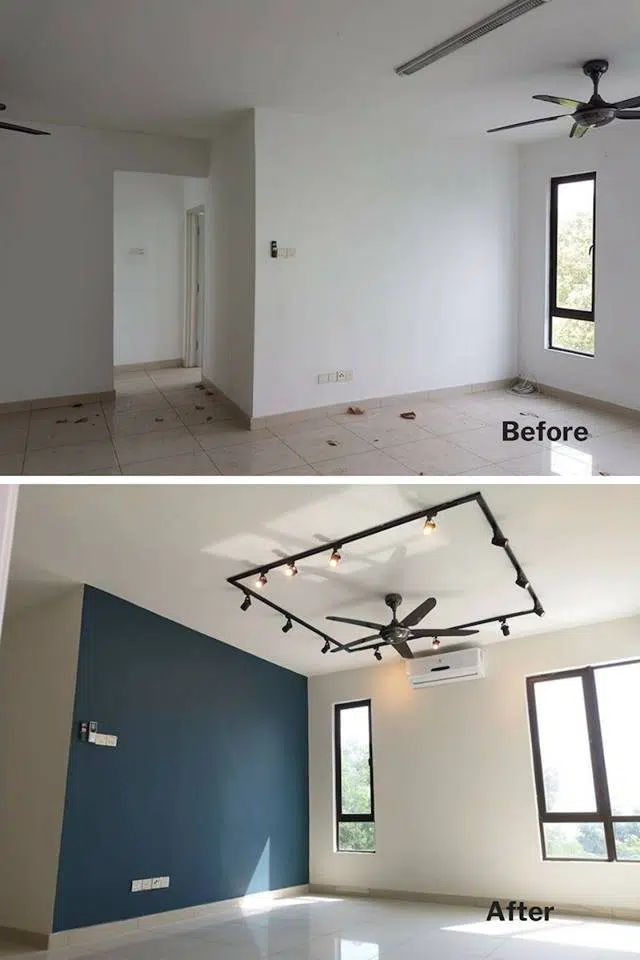 Before after living room renovation at Atmosfera Condominium in Puchong by Renovation Equal 