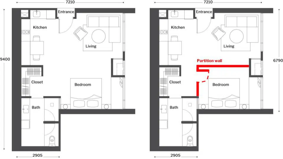 Above: The owner wanted to renovate the studio into a one-bedroom apartment by adding a partition wall