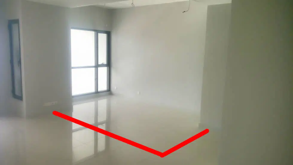 Above: View of the bedroom area. The red line shows location of the planned partition wall