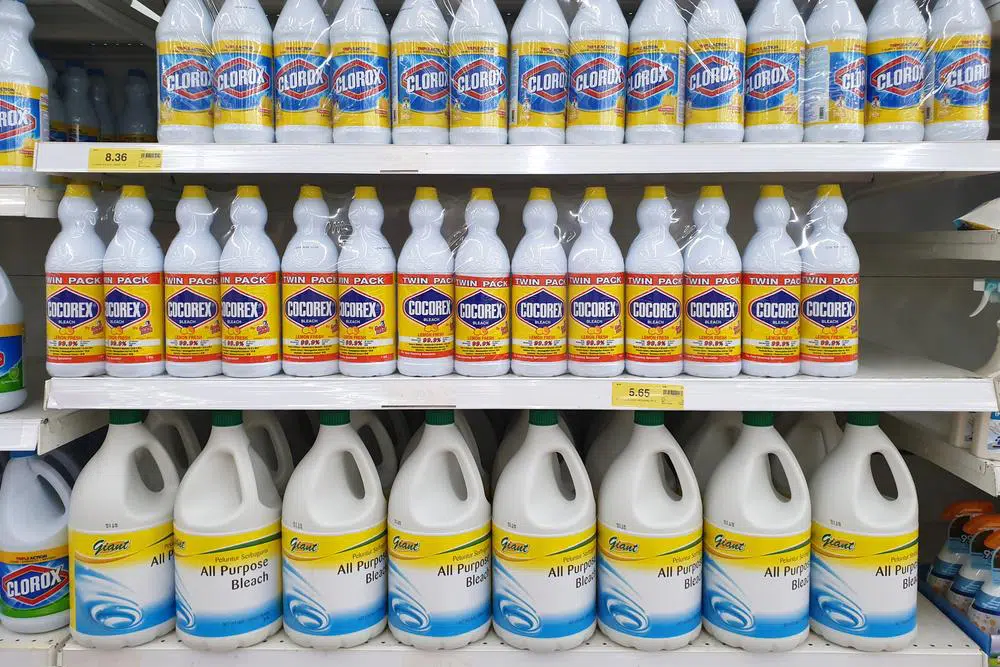 Bleach disinfectant products in Malaysian supermarket shelf
