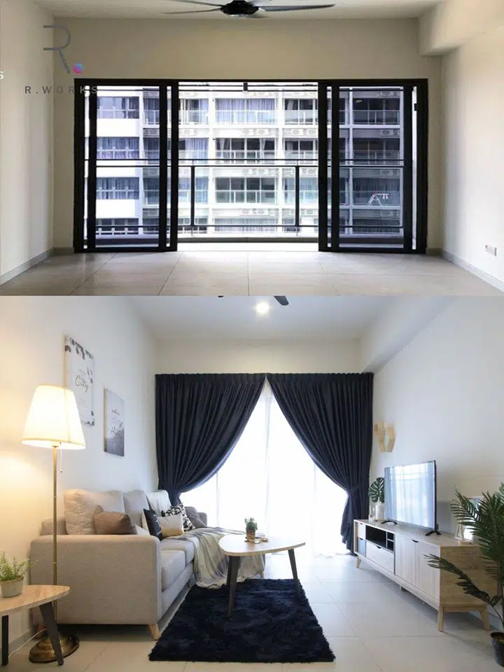 Before and after interior comparison of Seventeen Residences unit