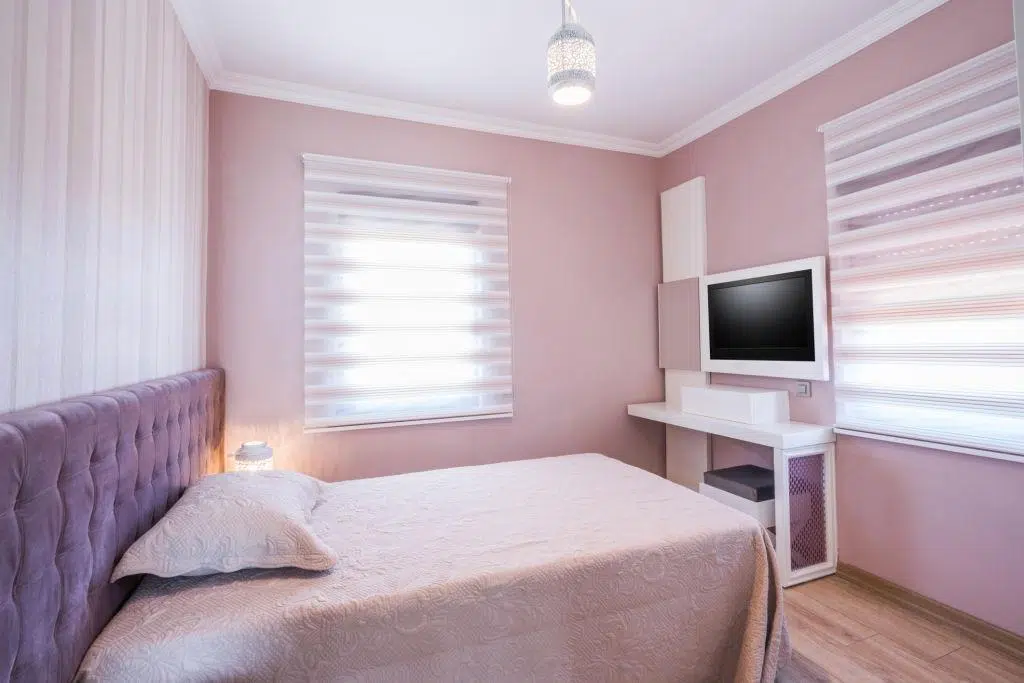 Subtle pink zebra blinds in the bedroom