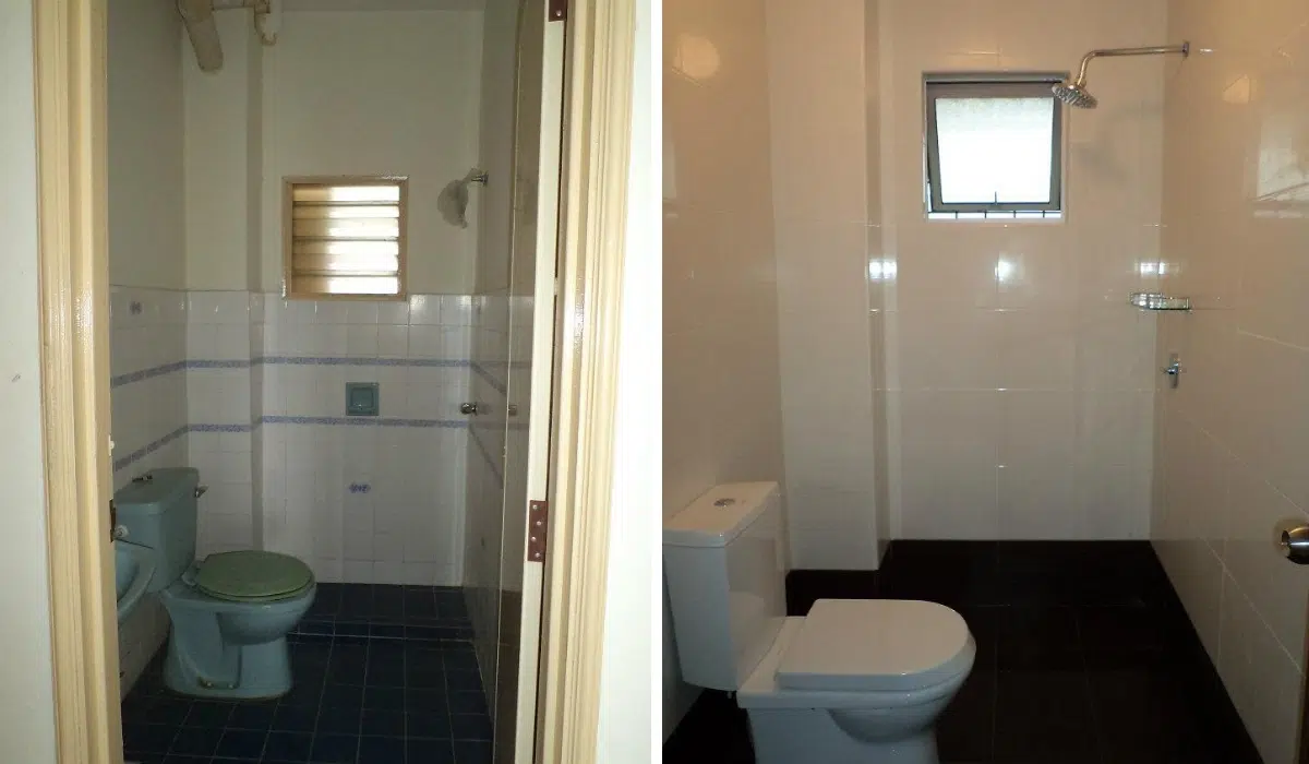 Renovasi bilik air minimalis putih dan hitam