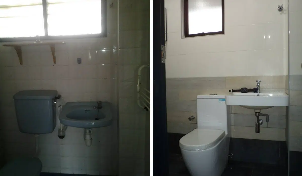 Renovasi bilik air modern bertona krim dan hitam