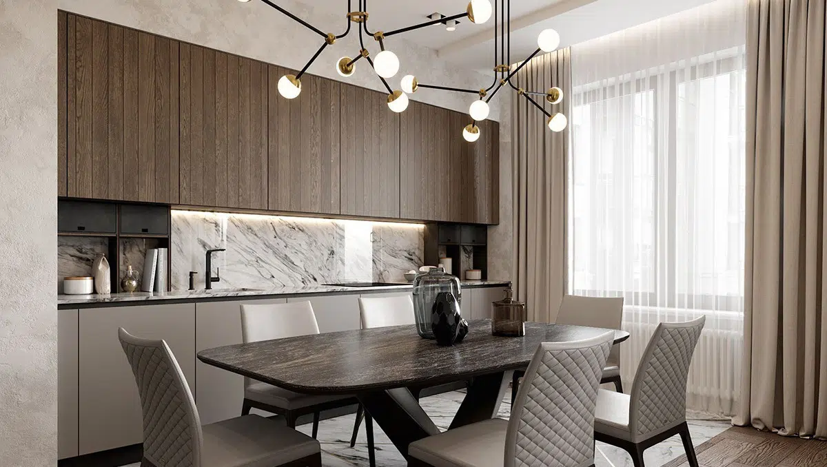 Modern dining room with marble and light tones 
