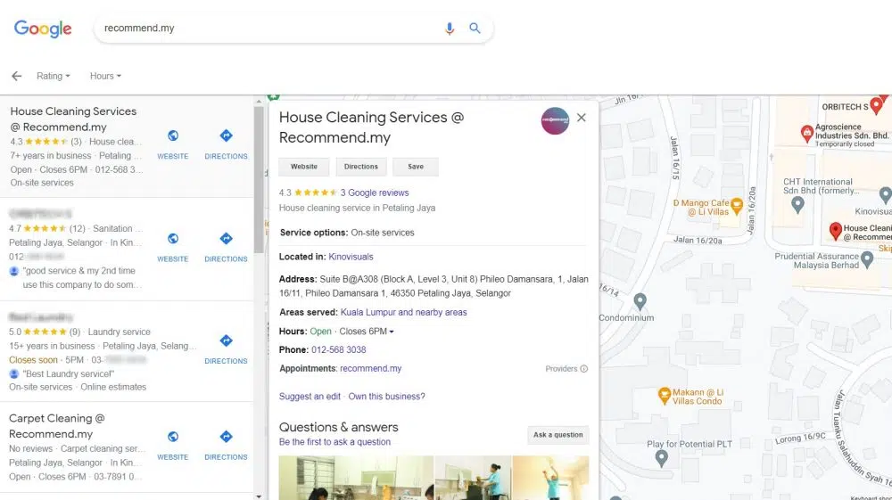 Above: Example of cleaning service with a Google Maps business listing