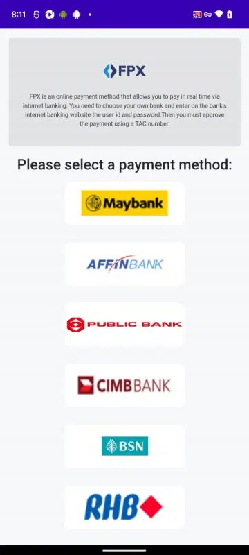 Above: The fake cleaning app will force you to choose FPX as the payment method, and direct you to a page that looks like the real bank, but is actually designed to steal your username and password