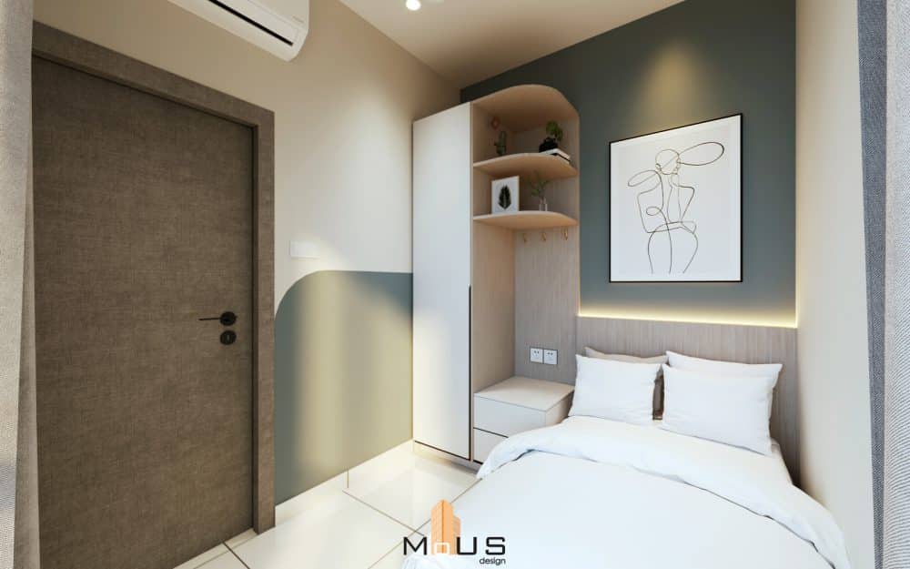 Custom-built wardrobe perfectly complements the vibe of this bedroom in Regalia Suites. By Mous Design